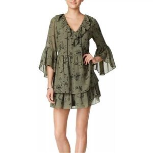 KENSIE Women's small Green Floral Print Chiffon Ruffle Dress Peasant cottagecore